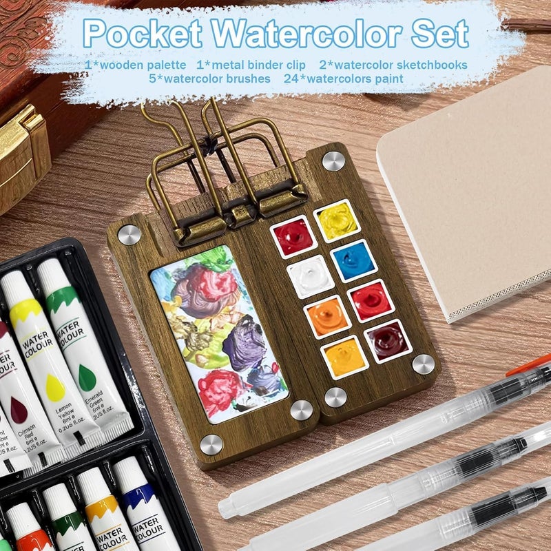 URSOQ Pocket Artist Watercolor Palette Set - Travel Watercolor Palette Set with Paint, Brush, Sketchbook & Copper Clip, for Beginners, Artists & Painting Enthusiasts - Image 4